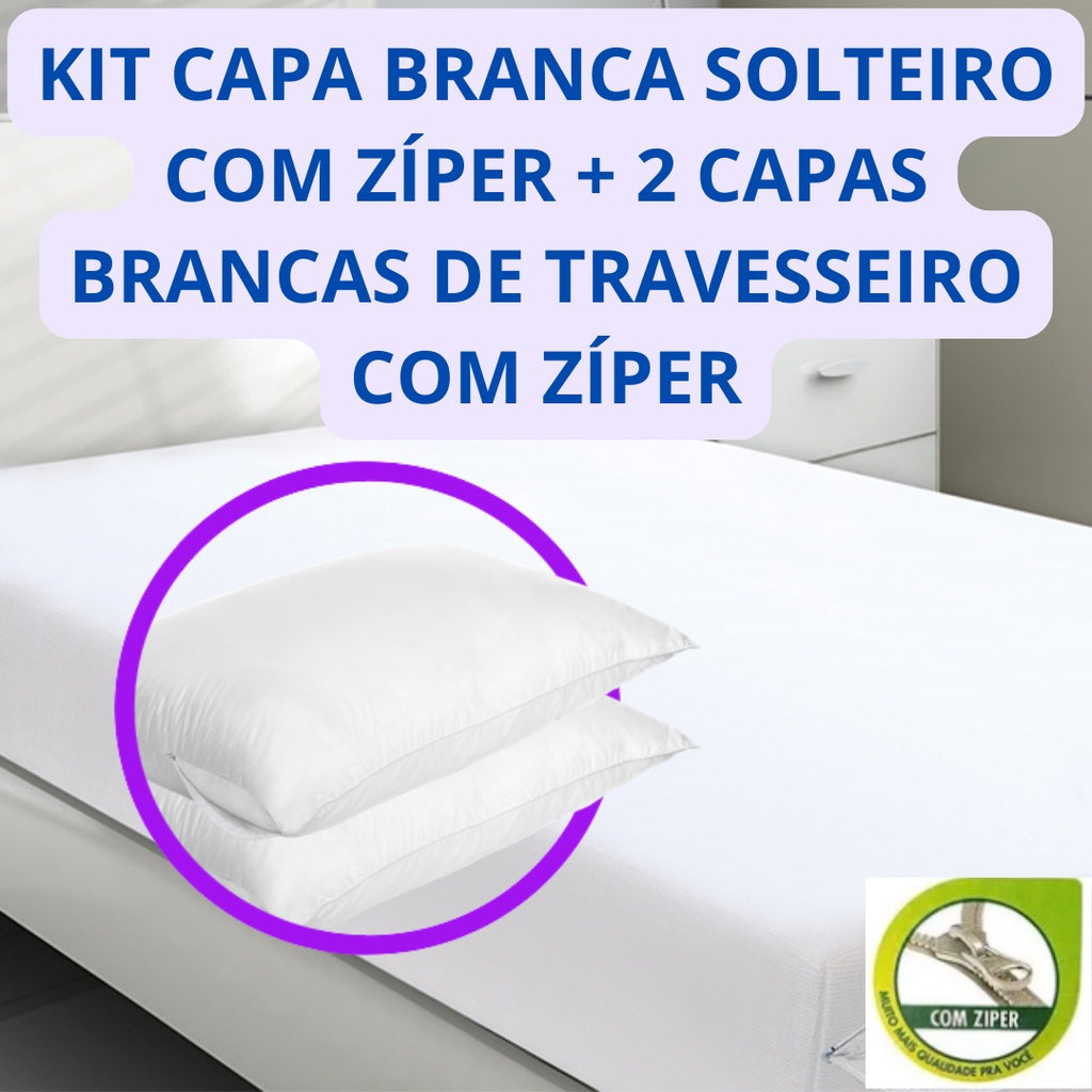Kit Capa de Colchão com Zíper e 2 Capas de Traveseiro com Zíper