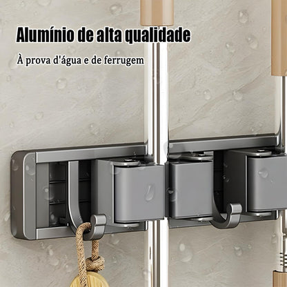 Suporte De Parede Alumínio Vassoura 2 Encaixes 3 Ganchos OPA-Q045