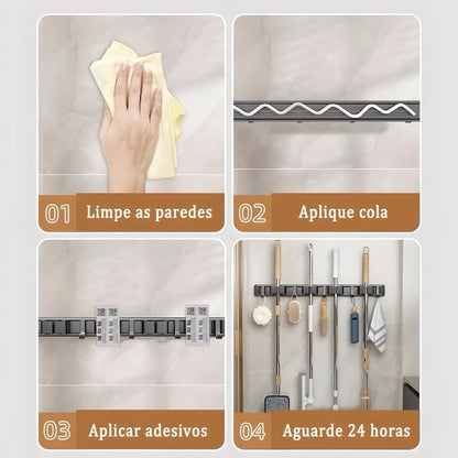 Suporte De Parede Alumínio Vassoura 2 Encaixes 3 Ganchos OPA-Q045