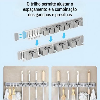 Suporte De Parede Alumínio Vassoura 2 Encaixes 3 Ganchos OPA-Q045
